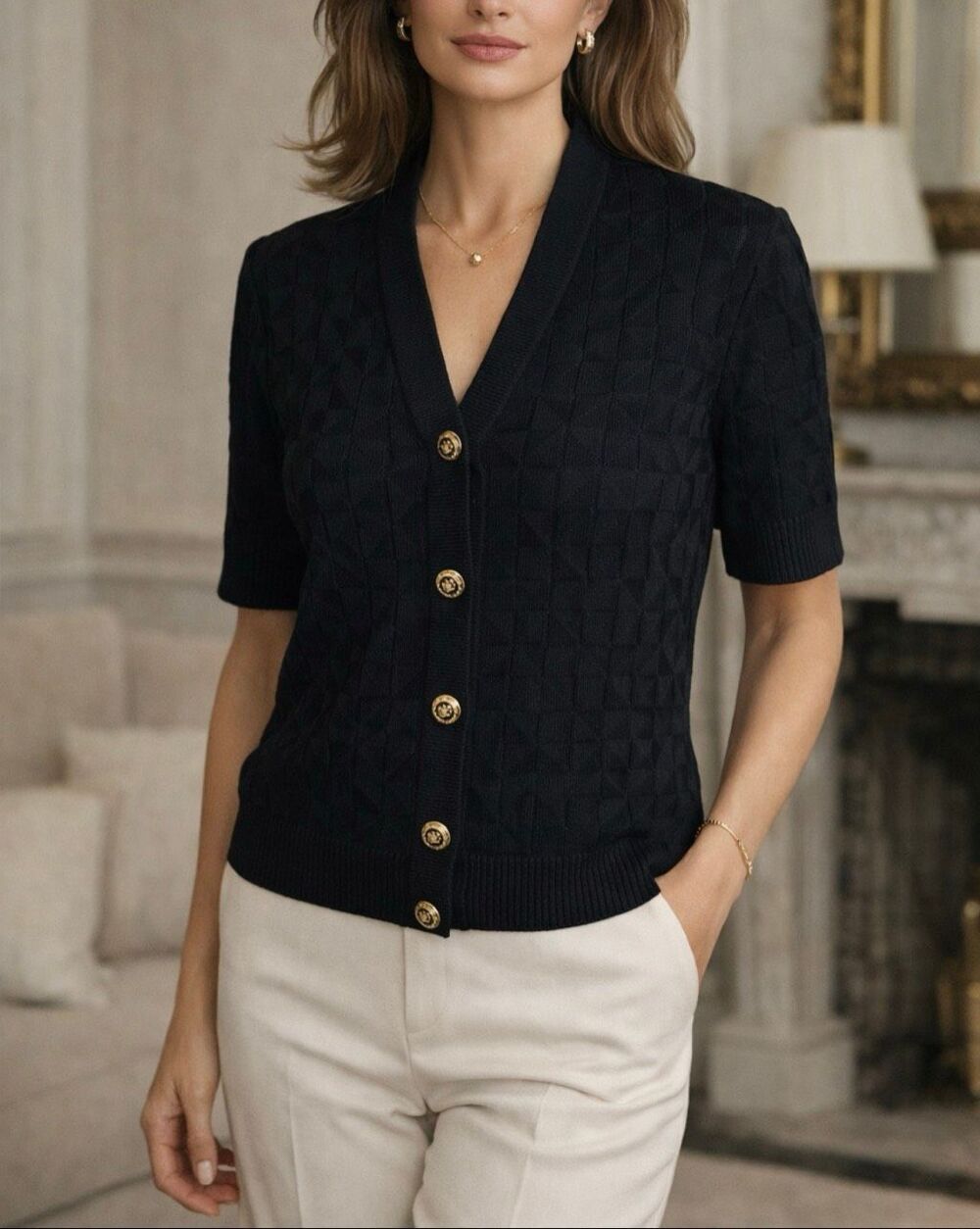 St John Basics Black Geo Knit Gold Button Short Sleeve Cardigan Petite P